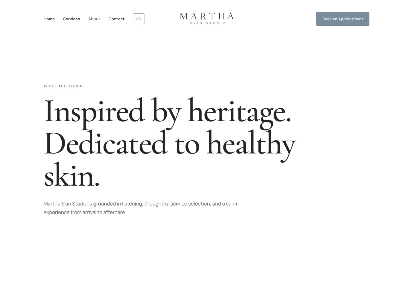 Martha Skin Studio about page on desktop