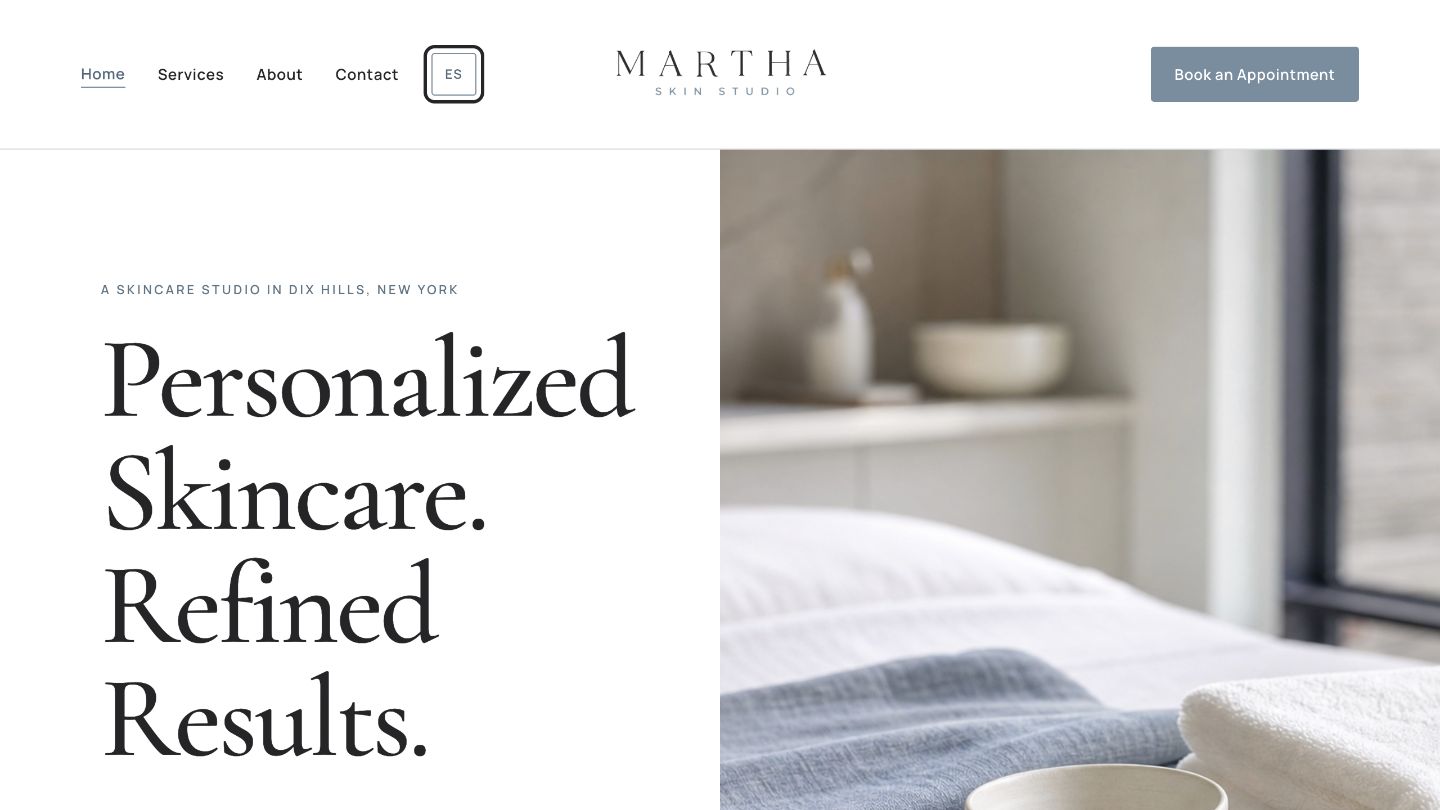 Martha Skin Studio homepage on desktop
