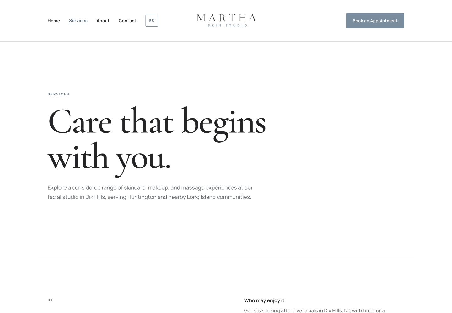 Martha Skin Studio services page on desktop