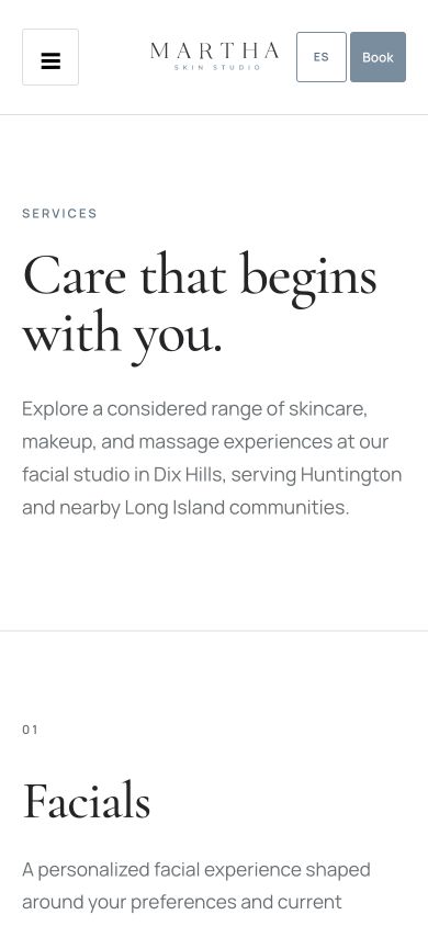 Martha Skin Studio mobile services page